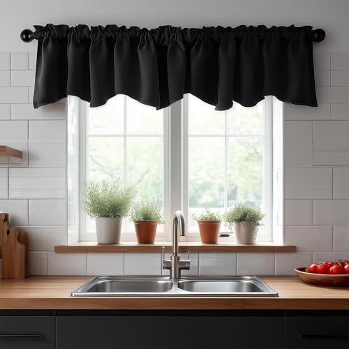 Deconovo Black Blackout Valances for Windows, Scalloped Valance for Kitchen Living Room Bedroom Bathroom, Short Curtain for Small Window, Rod Pocket, Machine Washable, 42x18 Inch, 1 Panel - Image 2