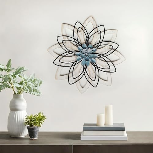 Remenna Metal Flowers Wall Decor, Metal Rustic Wall Art Decoration Farmhouse Wall Decorations Multiple Floral Hanging Decor for Bathroom Living Room Home Office Garden Kitchen (white & blue) - Image 4