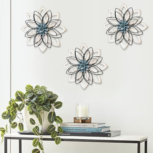 Remenna Metal Flowers Wall Decor, Metal Rustic Wall Art Decoration Farmhouse Wall Decorations Multiple Floral Hanging Decor for Bathroom Living Room Home Office Garden Kitchen (white & blue) - Image 2