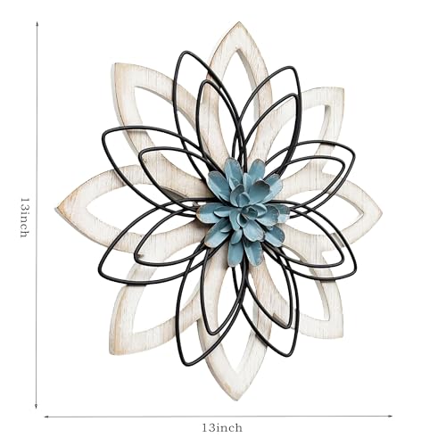 Remenna Metal Flowers Wall Decor, Metal Rustic Wall Art Decoration Farmhouse Wall Decorations Multiple Floral Hanging Decor for Bathroom Living Room Home Office Garden Kitchen (white & blue) - Image 3