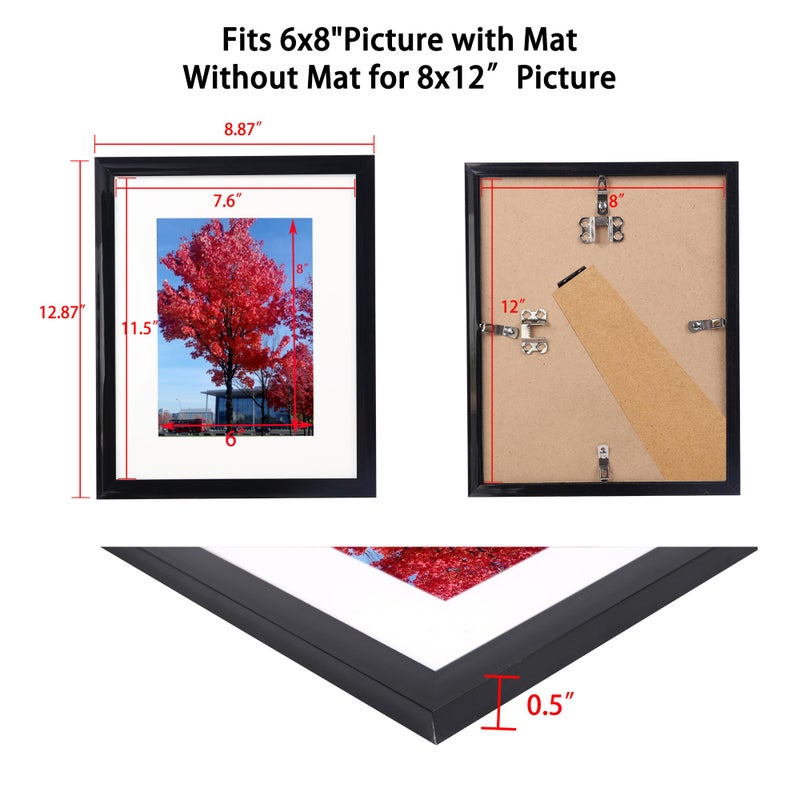 Medog 8x12 Picture Frame  Display Pictures 6x8 with Mat or 8x12 Without Mat for Certificate Poster and Photo Wall Hanging Photo Frame  Black  1 Pack - Image 2