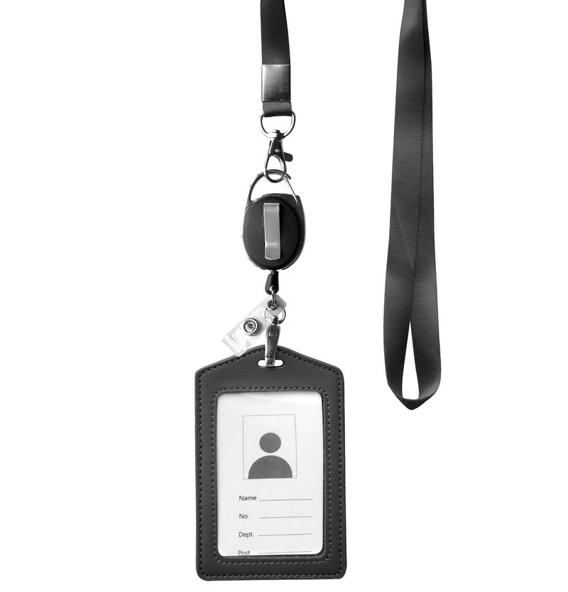 HoAoOo ID Card Case + Heavy Duty Lanyard (Black) + Badge Holder Retractable Reel Carabiner and Plastic Clip (Genuine Leather) - Image 1
