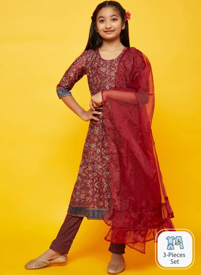 AKS Burgundy Floral Printed Anarkali Kurta Set for Girls - Image 1