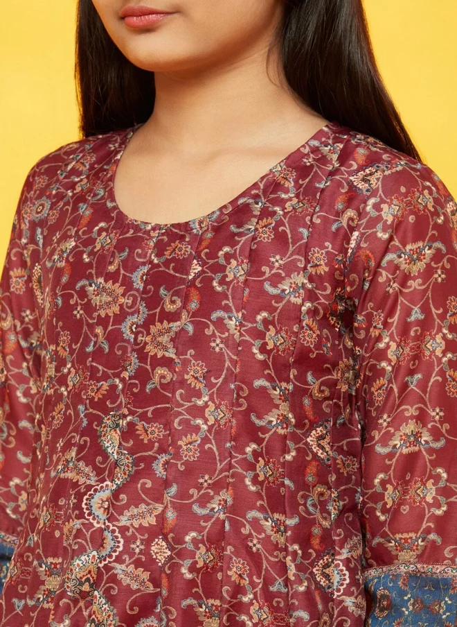 AKS Burgundy Floral Printed Anarkali Kurta Set for Girls