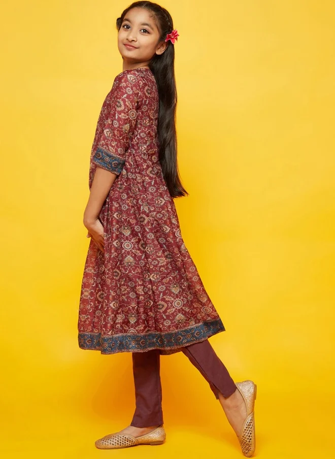 أيه كيه إس Burgundy Floral Printed Anarkali Kurta Set for Girls