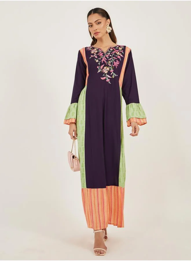 Maxim Creation Color Block Pleated Detail Jalabiya with Embroidery