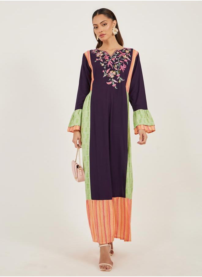 Maxim Creation Color Block Pleated Detail Jalabiya with Embroidery by Styli  - Image 1