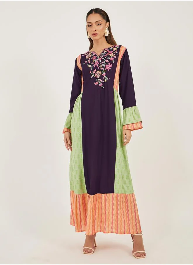 Maxim Creation Color Block Pleated Detail Jalabiya with Embroidery