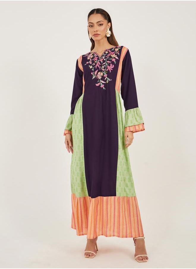 Maxim Creation Color Block Pleated Detail Jalabiya with Embroidery by Styli  - Image 2