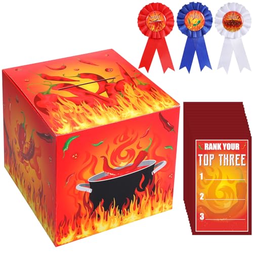 Tenceur Chili Cook off Contest Ballot Box with 50 Pcs Voting Cards and 3 Pcs Trophy Award Ribbons for Chili Cook off Game Award Prizes Party Supplies Decorations Cook Chef Assembly Needed - Image 1