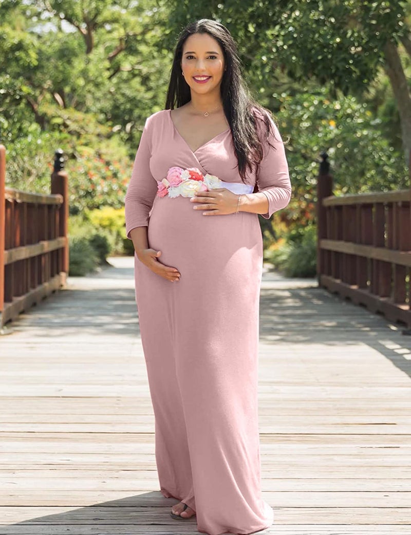 KIM S Maternity Dress Winter Dress for Baby Shower Photoshoot Christmas Pregnancy Clothes Wrap Maxi Outfits 2025 (Dusty Pink M) - Image 2