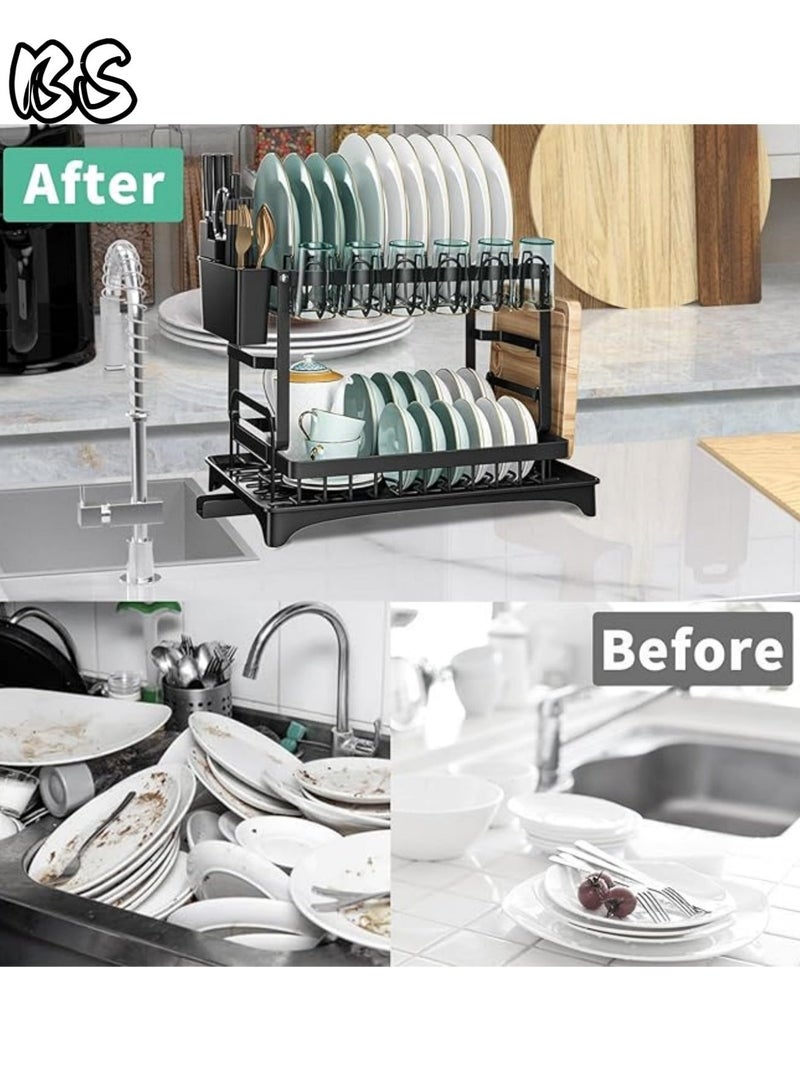 بي إس رف تجفيف أطباق قابل للطي من طبقتين مع حامل أدوات وحامل لوح تقطيع وصينية لوح تصريف، نظام تصريف دوار، طلاء مقاوم للخدش لعملية الخبز، أسود كبير - Image 2