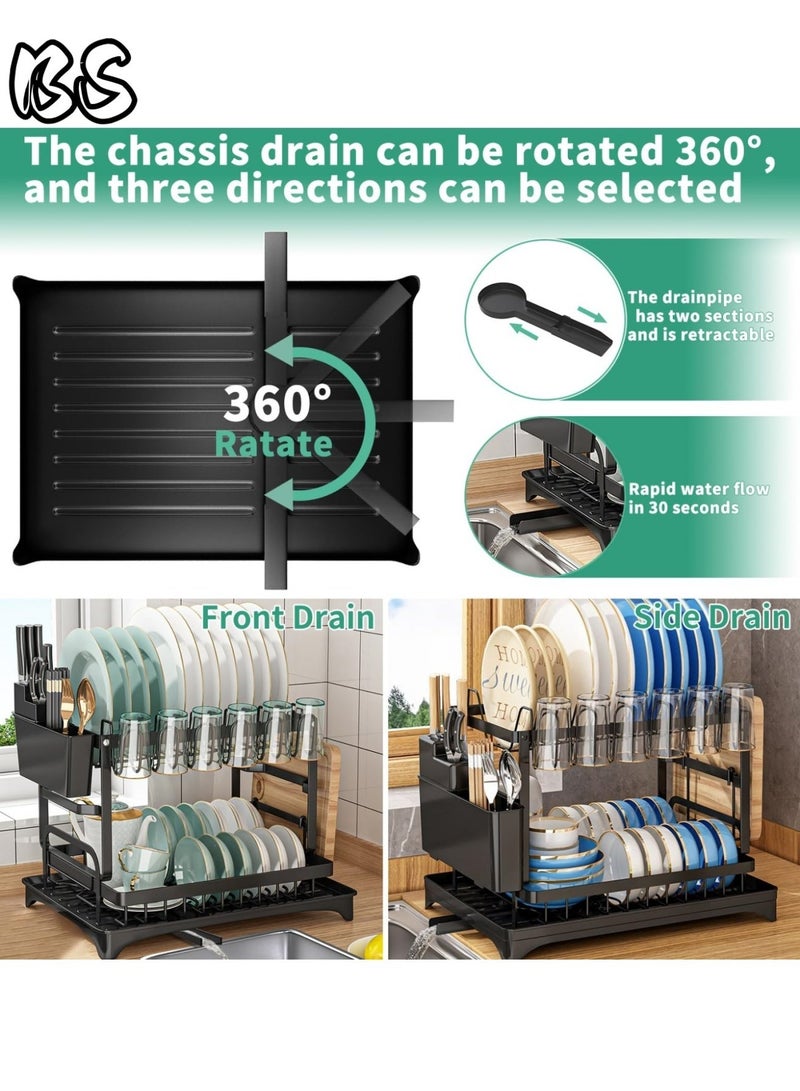 بي إس رف تجفيف أطباق قابل للطي من طبقتين مع حامل أدوات وحامل لوح تقطيع وصينية لوح تصريف، نظام تصريف دوار، طلاء مقاوم للخدش لعملية الخبز، أسود كبير - Image 3