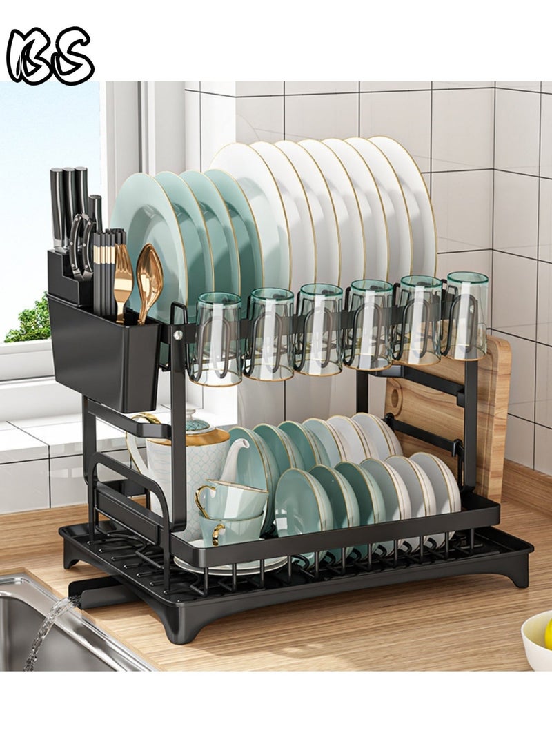 بي إس رف تجفيف أطباق قابل للطي من طبقتين مع حامل أدوات وحامل لوح تقطيع وصينية لوح تصريف، نظام تصريف دوار، طلاء مقاوم للخدش لعملية الخبز، أسود كبير - Image 1