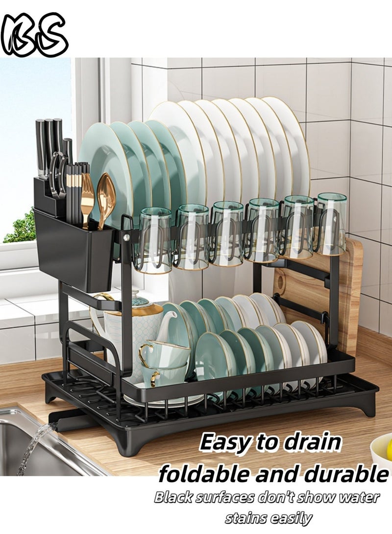 بي إس رف أطباق قابل للطي مزدوج الطبقات من بي إس، أسود اللون، مع رف لأدوات المائدة، ورف لألواح التقطيع، وصينية تصريف | يمكن وضعه فوق الحوض، رف تخزين مطبخ مقاوم للصدأ | نظام تصريف دوار، طلاء غير لامع مقاوم للخدش، حجم كبير - Image 1