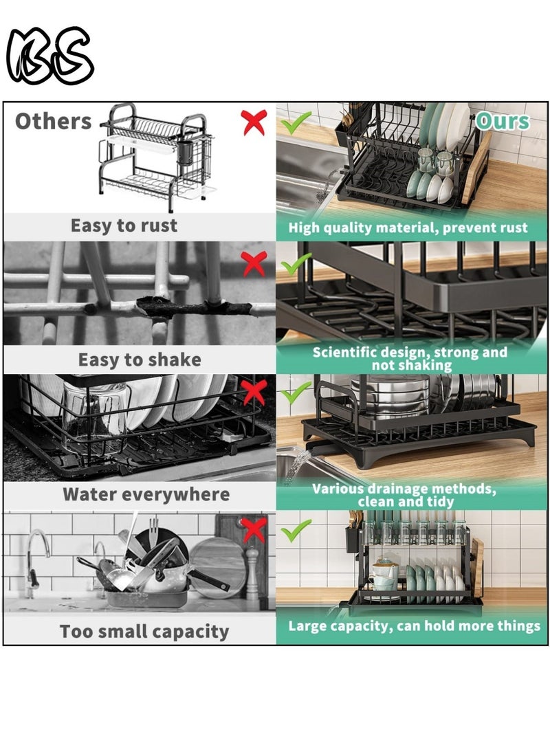 بي إس رف أطباق قابل للطي مزدوج الطبقات من بي إس، أسود اللون، مع رف لأدوات المائدة، ورف لألواح التقطيع، وصينية تصريف | يمكن وضعه فوق الحوض، رف تخزين مطبخ مقاوم للصدأ | نظام تصريف دوار، طلاء غير لامع مقاوم للخدش، حجم كبير - Image 4