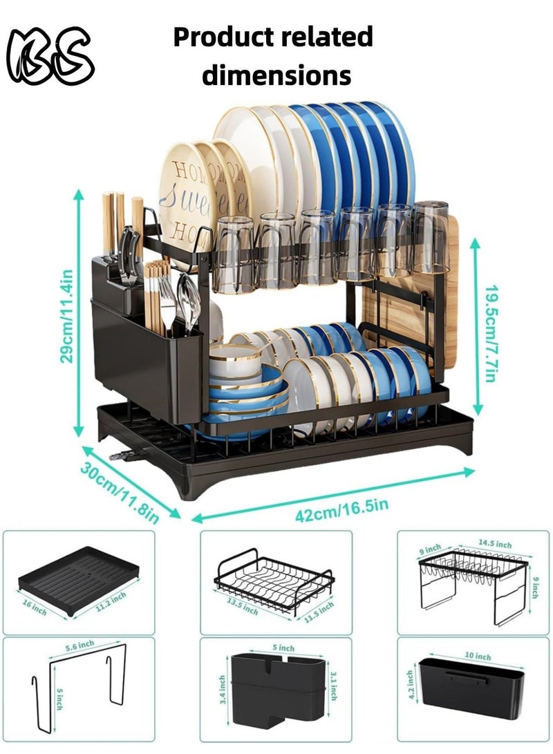 بي إس رف أطباق قابل للطي مزدوج الطبقات من بي إس، أسود اللون، مع رف لأدوات المائدة، ورف لألواح التقطيع، وصينية تصريف | يمكن وضعه فوق الحوض، رف تخزين مطبخ مقاوم للصدأ | نظام تصريف دوار، طلاء غير لامع مقاوم للخدش، حجم كبير - Image 5