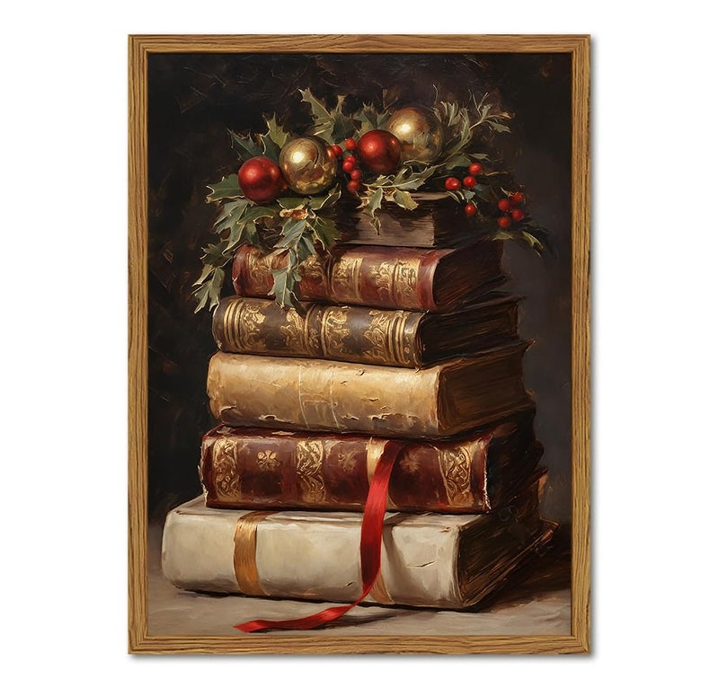 Hwetui Framed Vintage Christmas Canvas Wall Art, Rustic Xmas Book Artwork Wall Decor Paintings, Retro Winter Holiday Pictures Prints Dark Academia Home Decor for Living Room Bedroom Libiary 12×16 inch - Image 1