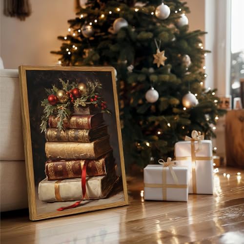Hwetui Framed Vintage Christmas Canvas Wall Art, Rustic Xmas Book Artwork Wall Decor Paintings, Retro Winter Holiday Pictures Prints Dark Academia Home Decor for Living Room Bedroom Libiary 12×16 inch - Image 5