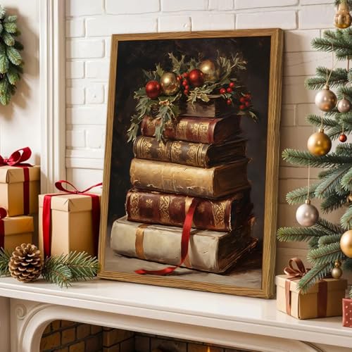 Hwetui Framed Vintage Christmas Canvas Wall Art, Rustic Xmas Book Artwork Wall Decor Paintings, Retro Winter Holiday Pictures Prints Dark Academia Home Decor for Living Room Bedroom Libiary 12×16 inch - Image 3