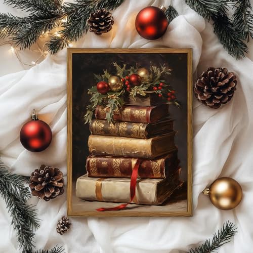 Hwetui Framed Vintage Christmas Canvas Wall Art, Rustic Xmas Book Artwork Wall Decor Paintings, Retro Winter Holiday Pictures Prints Dark Academia Home Decor for Living Room Bedroom Libiary 12×16 inch - Image 2