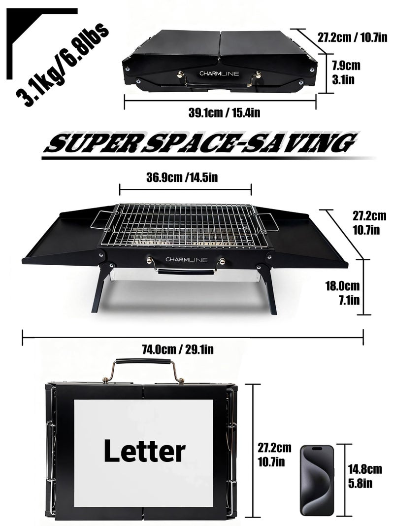 Charmline 15x11 inches Portable Charcoal Grill, Compact Portable BBQ Grill, Tabletop Charcoal Grills for Camping, Picnics, Gardens and Beach Parties, Black - Image 2