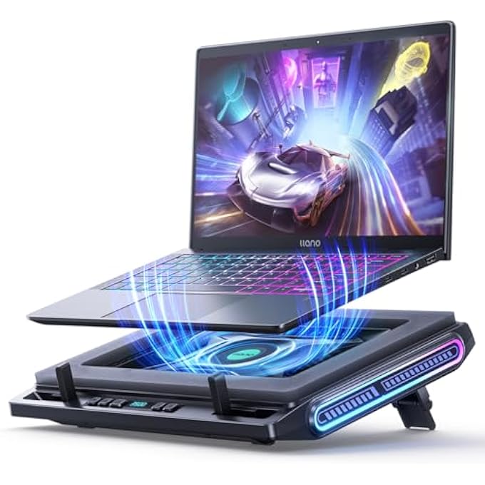 rayihni V10 GAMING LAPTOP COOLER, RGB LAPTOP COOLING PAD STAND WITH POWERFUL 4.72 INCH EXTERNAL TURBO COOLING FAN, FAST COOLING COMPUTER 13-17.3IN, BUTTON CONTROL, 3 ADJUSTABLE STAND, 4-PORT USB (BLACK) - Image 1