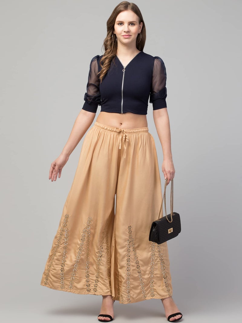 TREND LEVEL Women Mid Rise Mirror Rayon Flared Thread Embroidery Sharara Palazzo Pants (M, Skin) - Image 5
