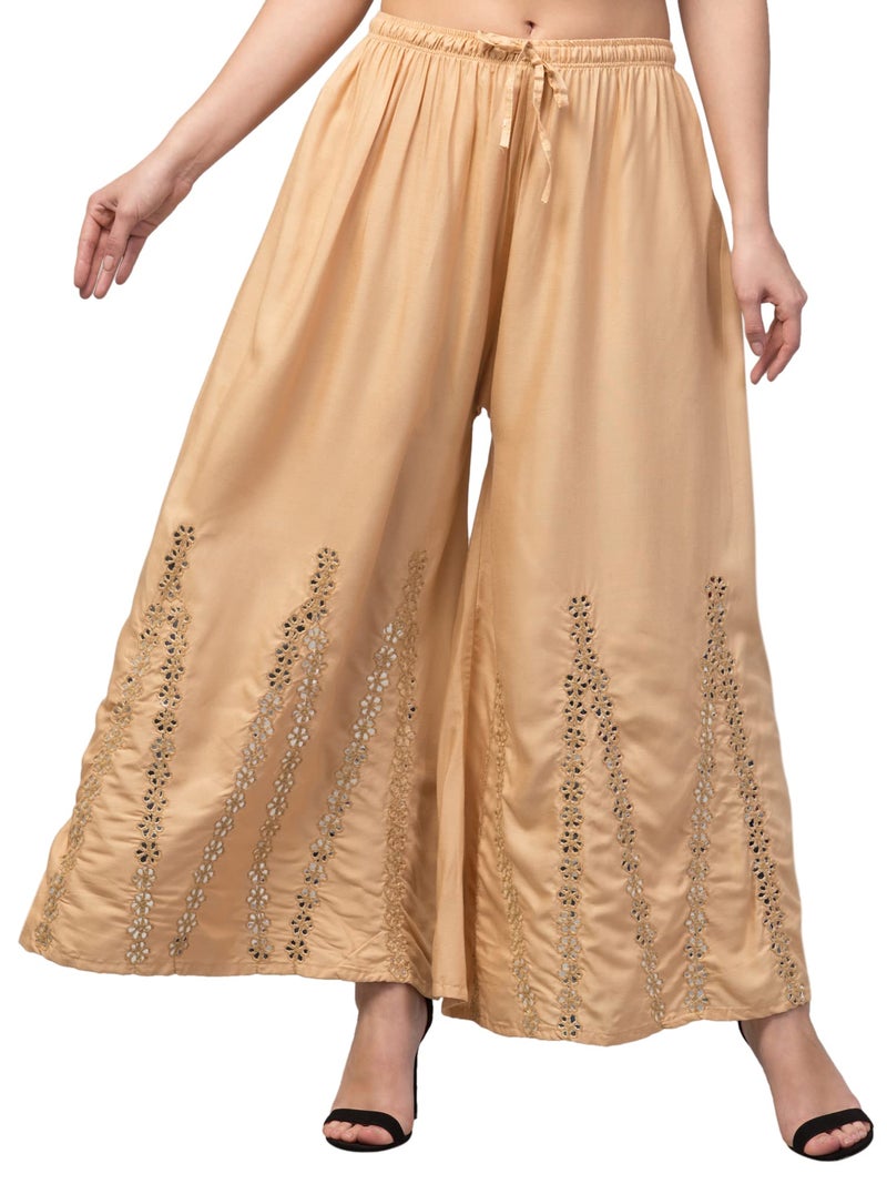 TREND LEVEL Women Mid Rise Mirror Rayon Flared Thread Embroidery Sharara Palazzo Pants (M, Skin) - Image 1