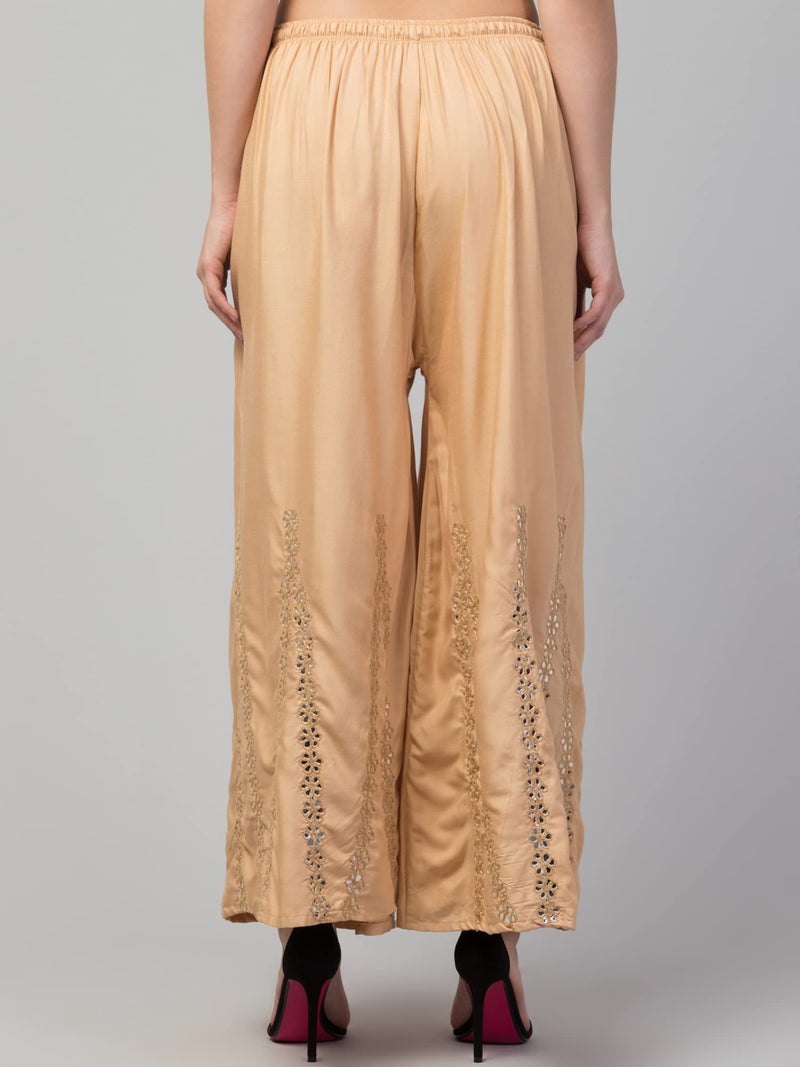 TREND LEVEL Women Mid Rise Mirror Rayon Flared Thread Embroidery Sharara Palazzo Pants (M, Skin) - Image 2