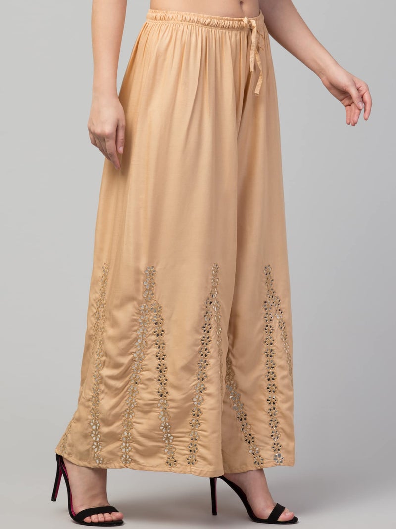 TREND LEVEL Women Mid Rise Mirror Rayon Flared Thread Embroidery Sharara Palazzo Pants (M, Skin) - Image 3