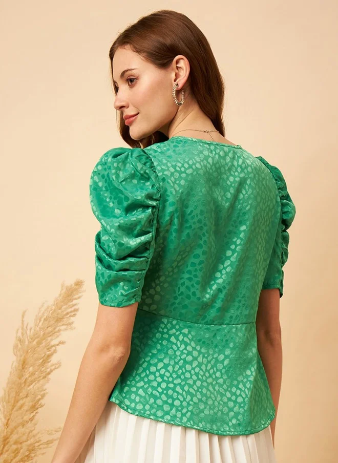 MINT STREET Mint Green Puff Sleeve Peplum Top for Women