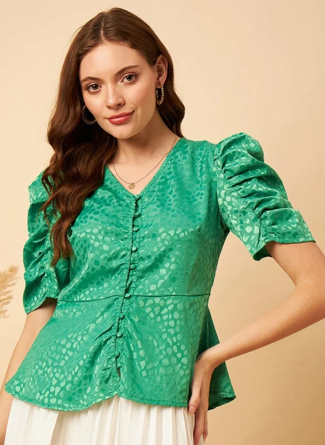 MINT STREET Mint Green Puff Sleeve Peplum Top for Women