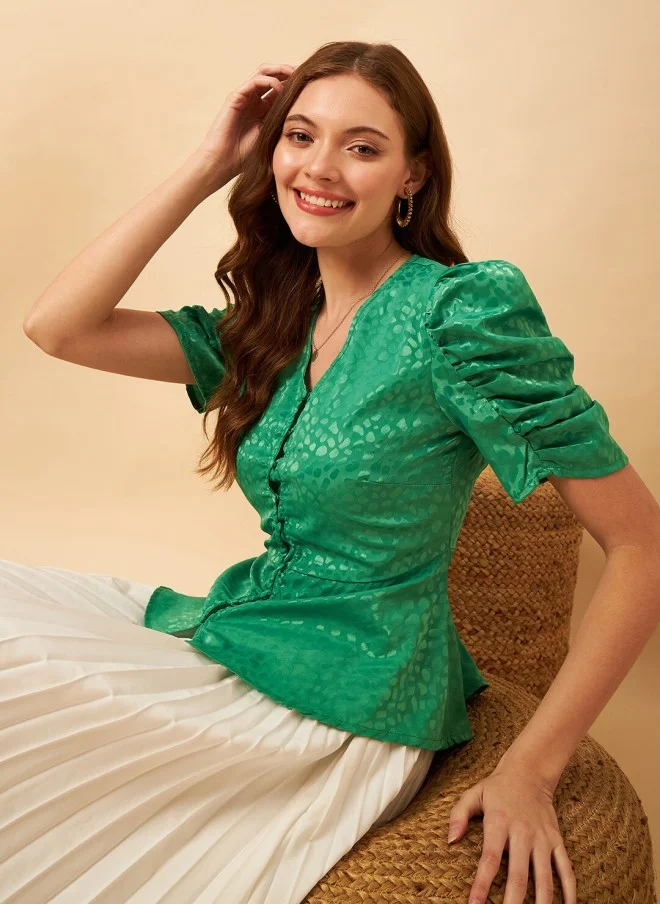 MINT STREET Mint Green Puff Sleeve Peplum Top for Women