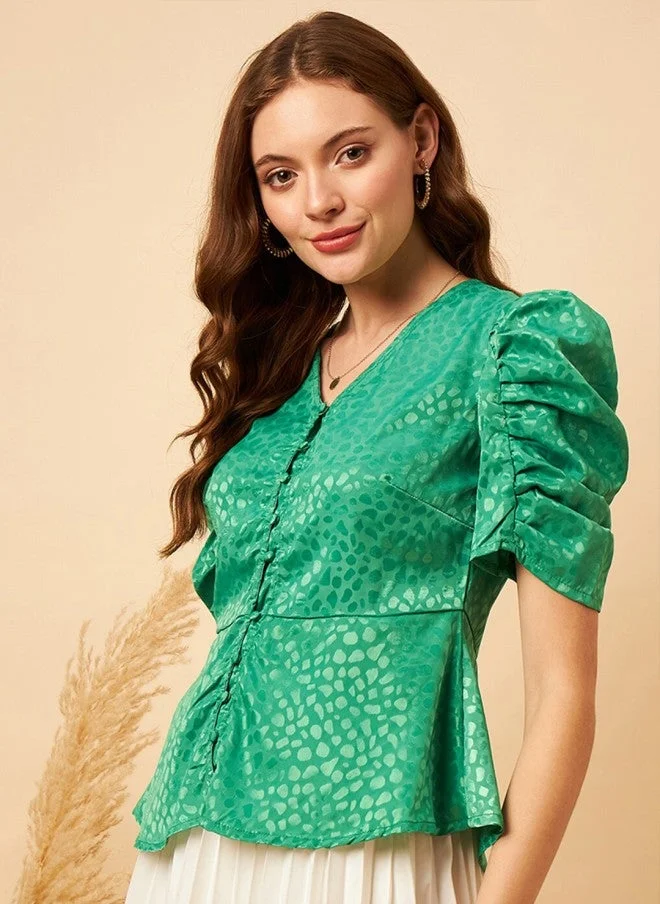 MINT STREET Mint Green Puff Sleeve Peplum Top for Women