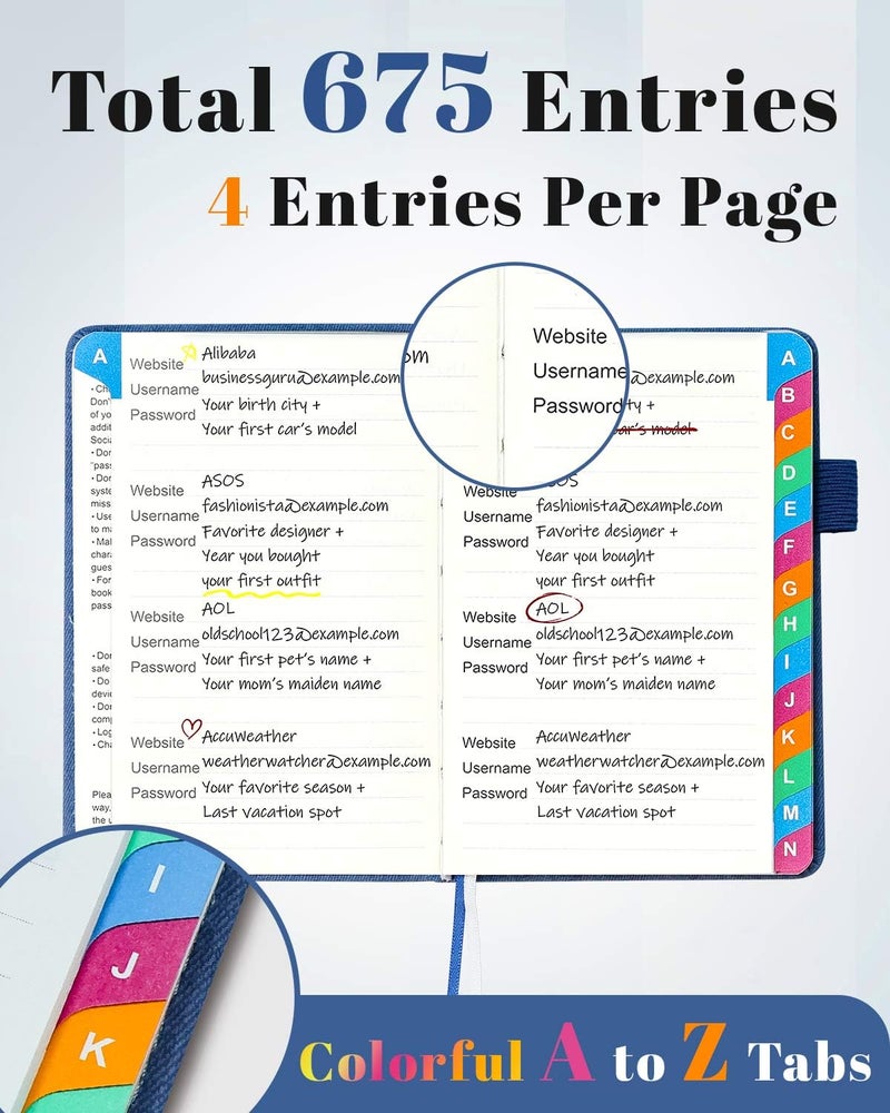 hi!SCI Small Password Keeper Book with Colorful Alphabetical Tabs, Hardcover Password Log-book for Internet Password and Website Address, 4.1"Ã—6.2" Password Notebook Denim Blue - Image 3