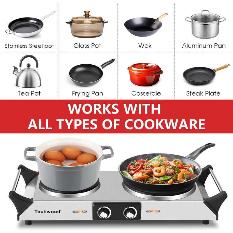 Techwood Hot Plate, Techwood Double Burner for Cooking, 1800W Countertop Electric Stoves with Adjustable Temperature & Stay Cool Handles, Dual Cooktop for RV/Home/Camp, Upgraded Version Stainless Steel, Silver - Image 4