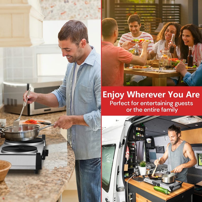 Techwood Hot Plate, Techwood Double Burner for Cooking, 1800W Countertop Electric Stoves with Adjustable Temperature & Stay Cool Handles, Dual Cooktop for RV/Home/Camp, Upgraded Version Stainless Steel, Silver - Image 3