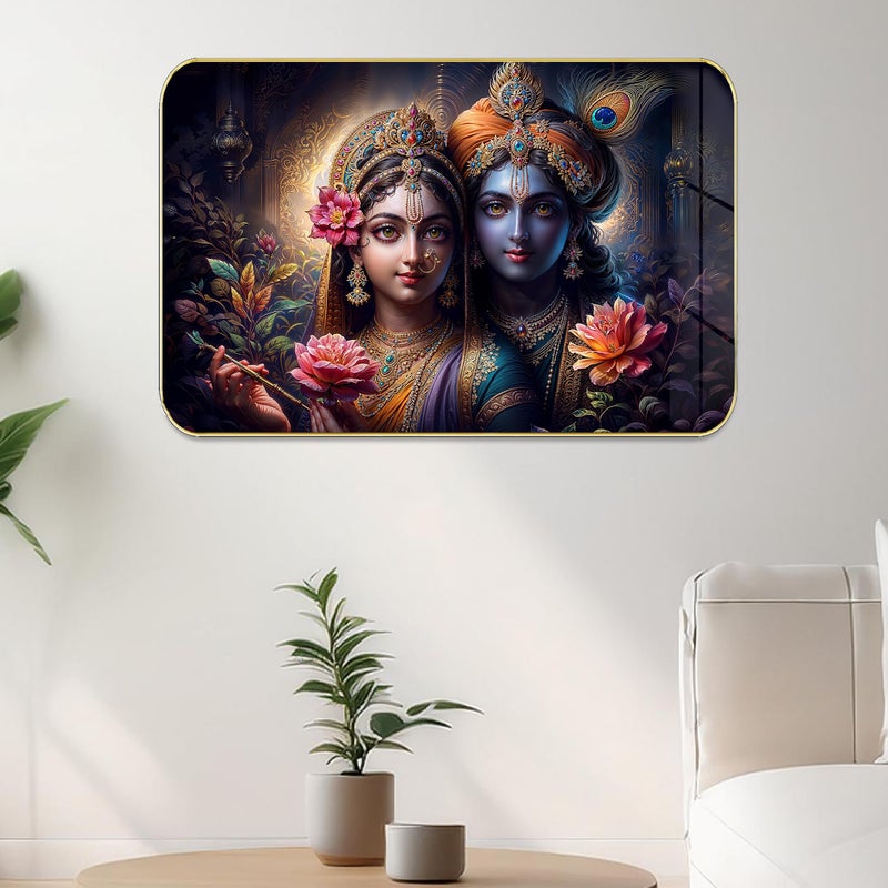 Masstone Radha Krishna Crystal Embedded High Gloss Wall Painting, Golden Slim Frame, 45x30 Cm Wall Art for Living Room, Bedroom, Office & Home Décor (HG06) - Image 5
