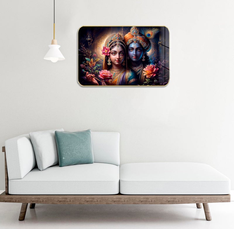 Masstone Radha Krishna Crystal Embedded High Gloss Wall Painting, Golden Slim Frame, 45x30 Cm Wall Art for Living Room, Bedroom, Office & Home Décor (HG06) - Image 3