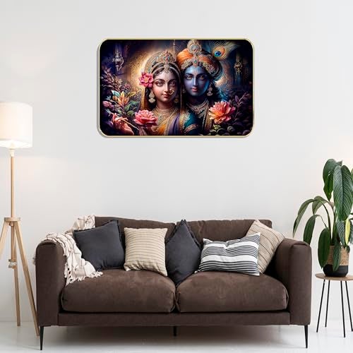 Masstone Radha Krishna Crystal Embedded High Gloss Wall Painting, Golden Slim Frame, 45x30 Cm Wall Art for Living Room, Bedroom, Office & Home Décor (HG06) - Image 2