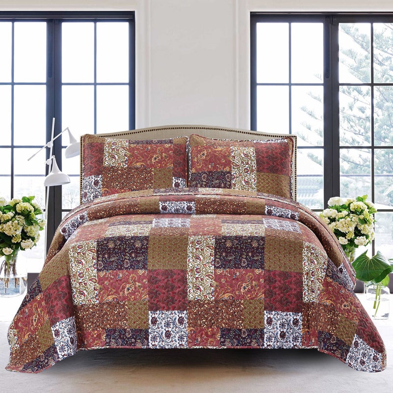 SLPR Red Riches 3Piece Quilt Set  Queen Size with 2 Shams Autumn Patchwork Design Red Toned Lightweight Quilted Bedspread FallInspired Country Bedding