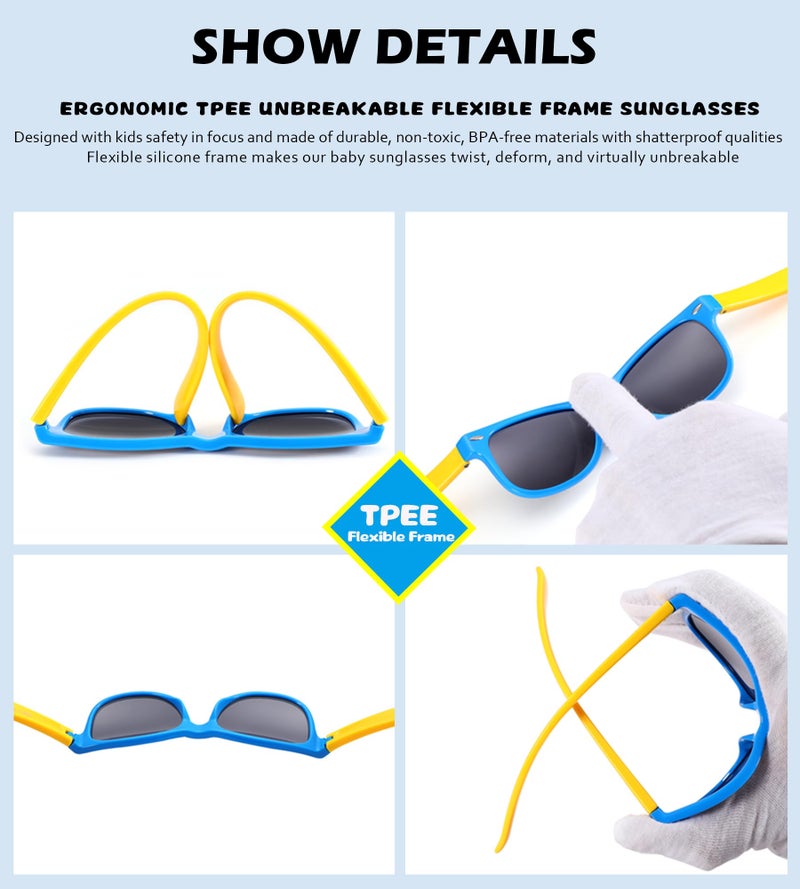 NULOOQ Kids Polarized Sunglasses for Boys Girls – TPEE Unbreakable Flexible Frame UV400 Protection Age 3-8 (Black/Gray + Blue Yellow/Gray) - 2 Pack - Image 5