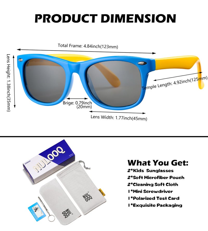 NULOOQ Kids Polarized Sunglasses for Boys Girls – TPEE Unbreakable Flexible Frame UV400 Protection Age 3-8 (Black/Gray + Blue Yellow/Gray) - 2 Pack - Image 4