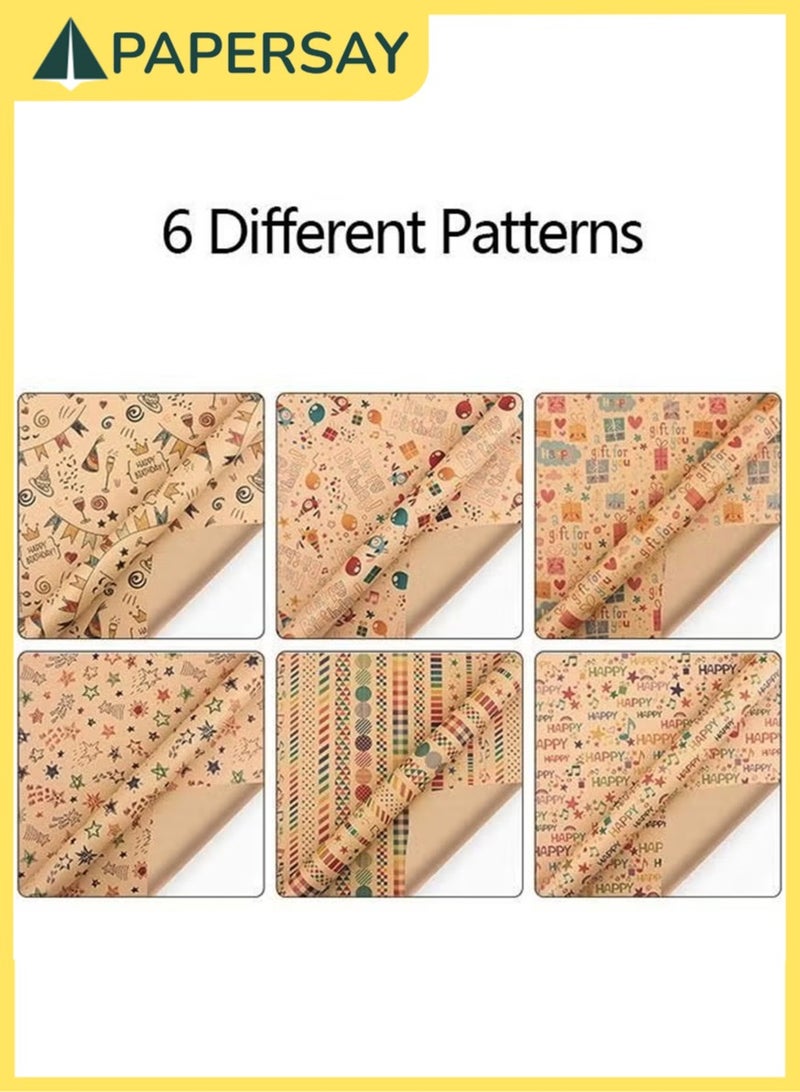 طائرة ورقية 6 قطع من لفة ورق تغليف الهدايا مع بطاقات هدايا متطابقة وحبل زخرفي ، ورق تغليف هدايا بني كرافت لأعياد الميلاد ، والعطلات ، والزفاف ، والحفلات ، وتغليف هدايا الأطفال (70 سم × 50 سم) - Image 3