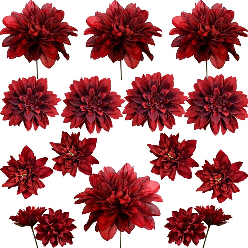 OrgMemory Artificial Flowers, Fake Dahlias with Stems, Various Artificial Flowers, Wedding Decoration Flowers for Table, Cake Decoration Wedding Edible, Decorative Flowers for Wedding Cakes (Burgundy - Image 2