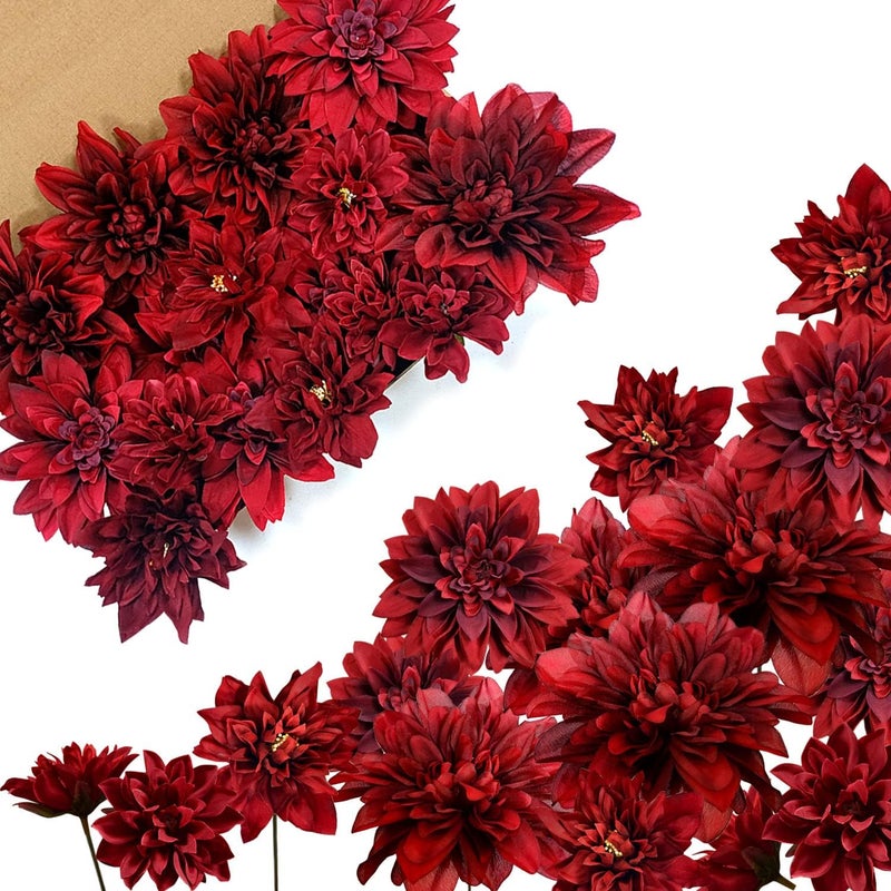OrgMemory Artificial Flowers, Fake Dahlias with Stems, Various Artificial Flowers, Wedding Decoration Flowers for Table, Cake Decoration Wedding Edible, Decorative Flowers for Wedding Cakes (Burgundy - Image 1