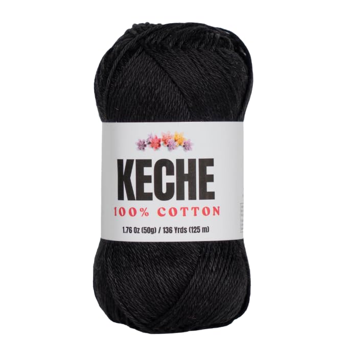 KECHE Cotton Yarn - 100% Cotton Yarn for Crocheting and Knitting, Mercerized Cotton Amigurumi Yarn Fine-Sport 2 1.76 oz (50g) / 136 Yrds (125 m) - Black - Image 1