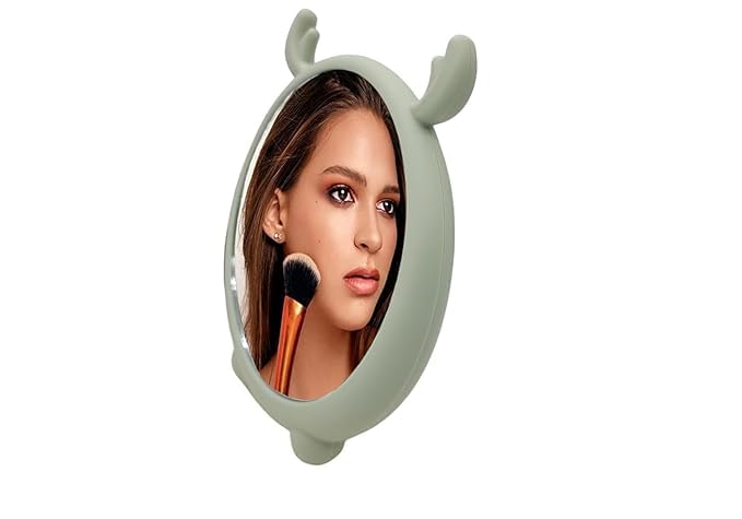 KERFORA Round Makeup Mirror with Cute Cartoon Design Desktop Vanity Mirror Stand Folding Cosmetic Plastic Mirror Wall Hanging Option for Home and Bathroom Green - Image 1