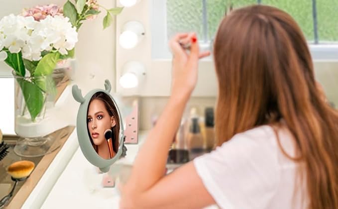 KERFORA Round Makeup Mirror with Cute Cartoon Design Desktop Vanity Mirror Stand Folding Cosmetic Plastic Mirror Wall Hanging Option for Home and Bathroom Green - Image 5